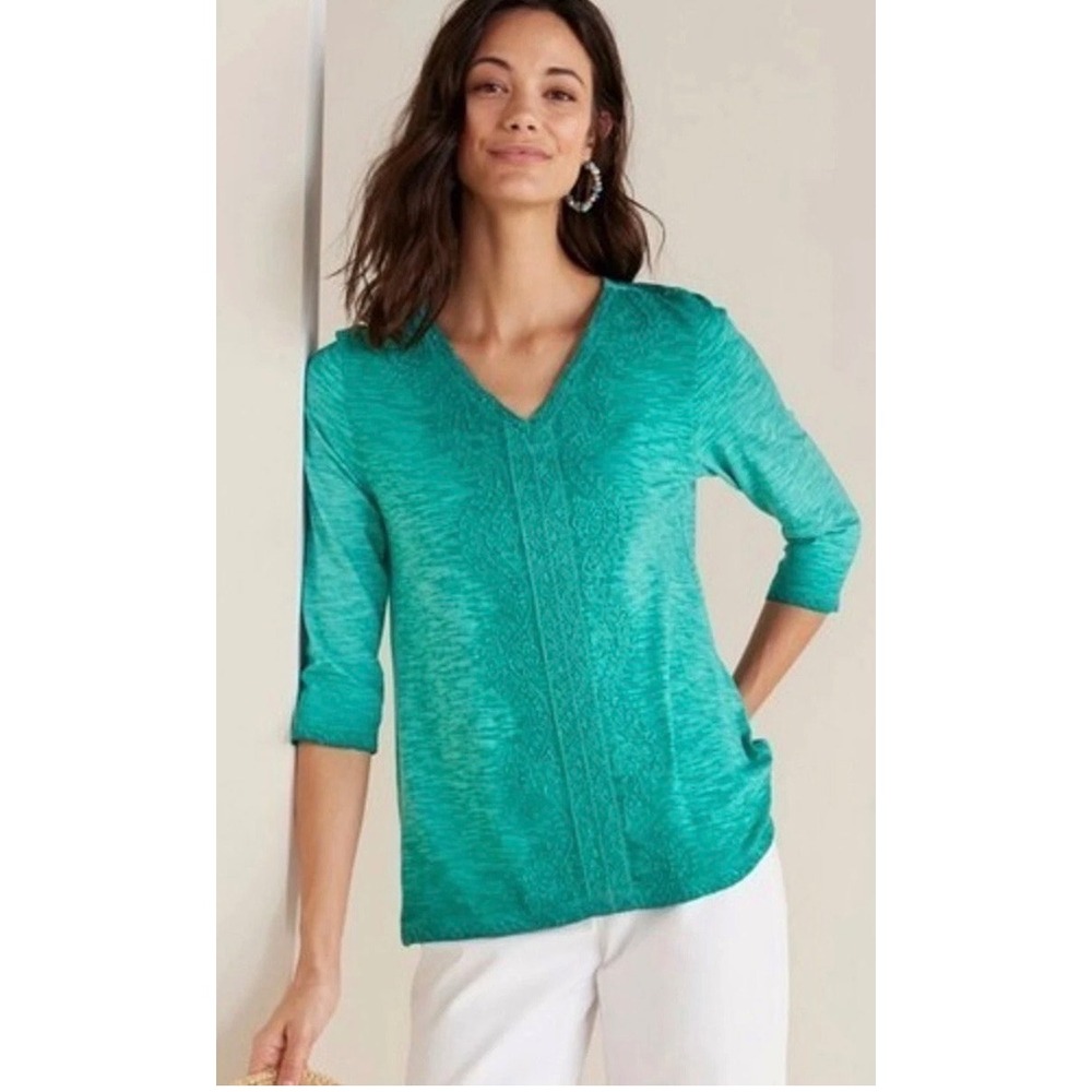 Soft Surroundings Trevi Lace Top Jewel Green Teal V-Neck Large NEW Boho